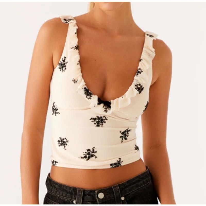 Peppermayo Milena Embroidered V Neck Cropped Cami Top Cream White 6