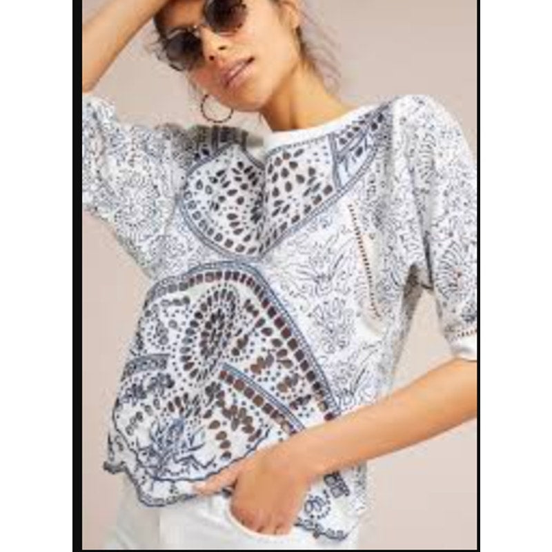 Maeve Anthropologie Ester Embroidered Tee Shirt Top White Blue XS