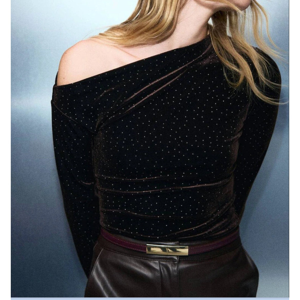 Mango Velvet Off One Shoulder Long Sleeve Embellished Top Brown Small