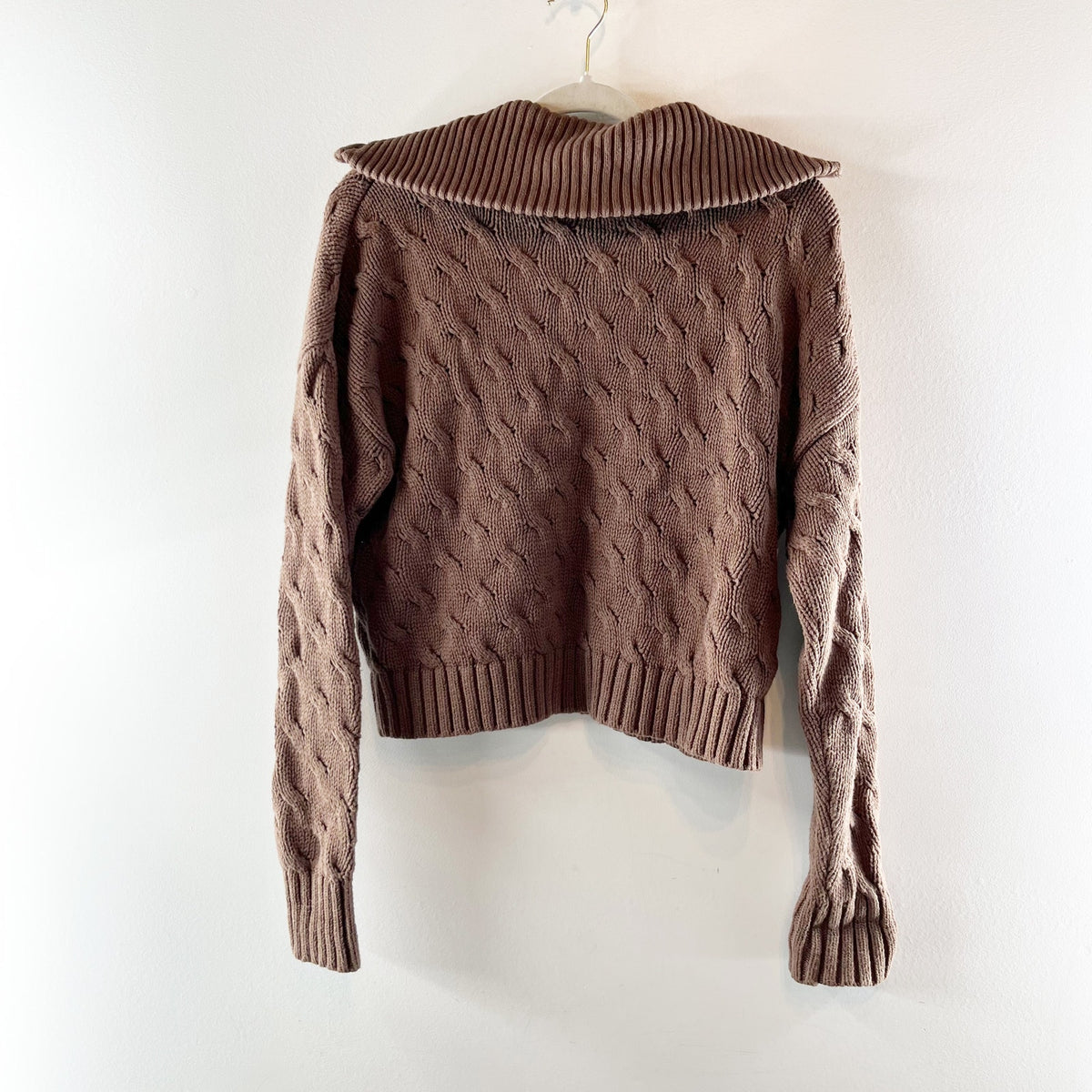 NSF Aminah Cable Knit 1/2 Zip Long Sleeve Sweater Pullover Brown Small