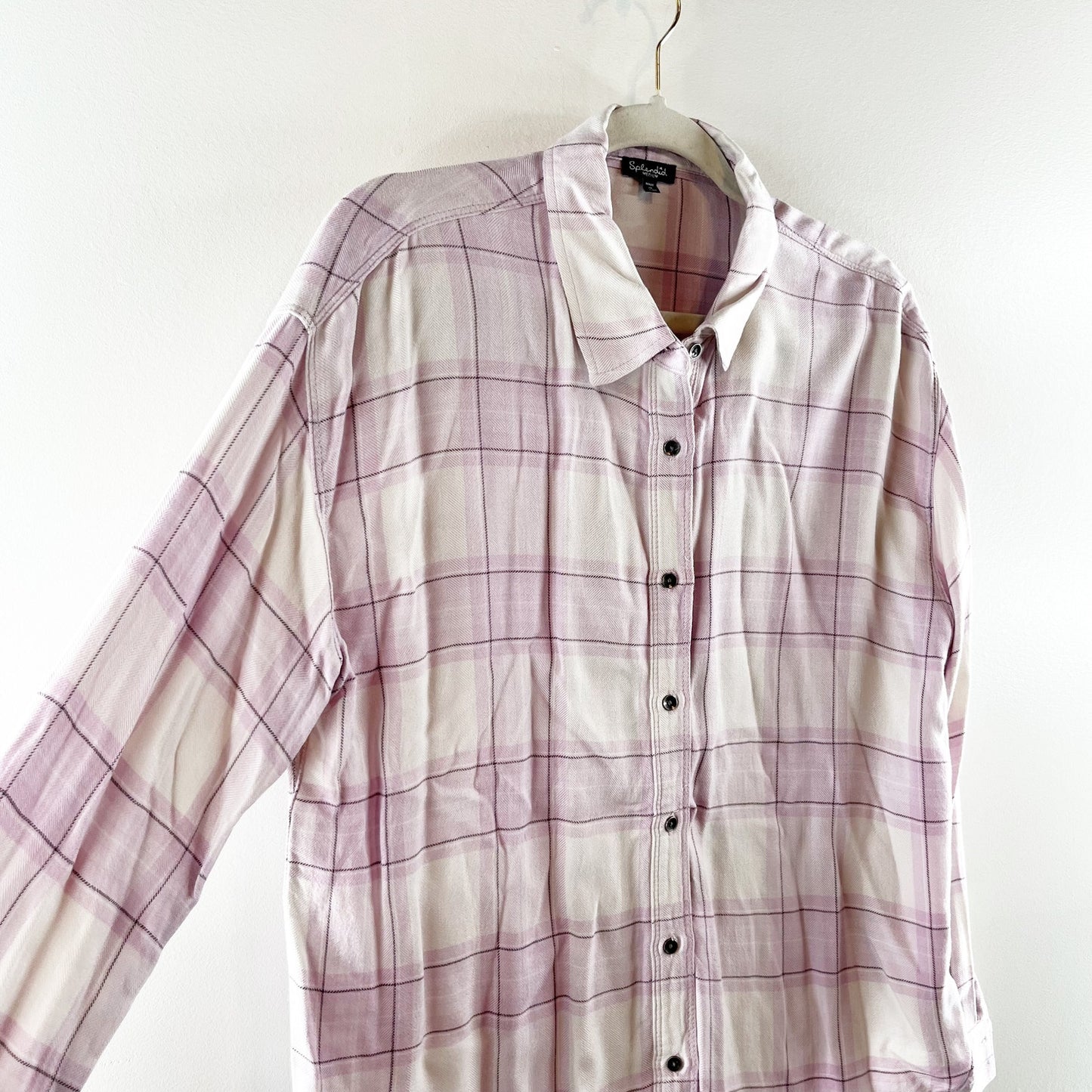 Splendid Keepsake Plaid Long Sleeve Button Down Shirt White Pink Medium