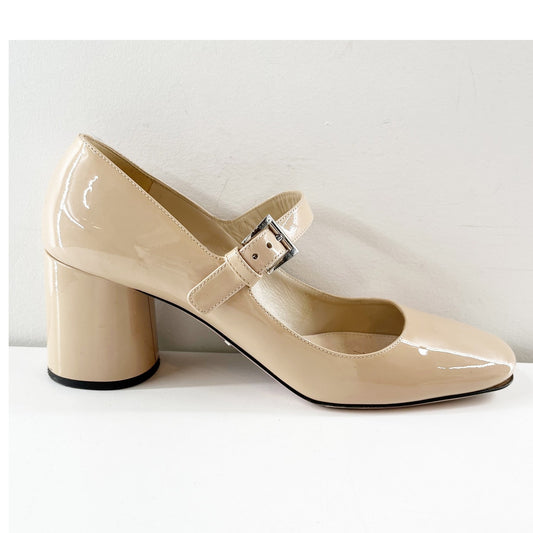 Prada Patent Leather Block Heel Square Toe Mary Jane Pumps Shoes Nude 38.5
