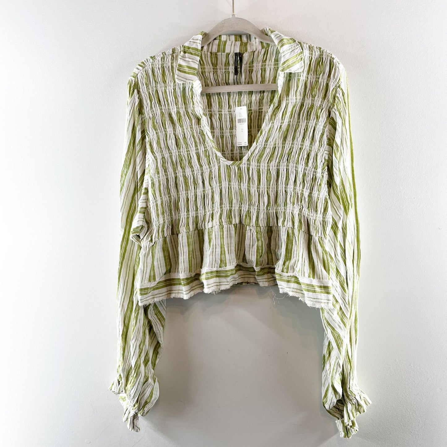 Anthropologie Long Balloon Sleeve Scoop Neck Collared Blouse Green White Small