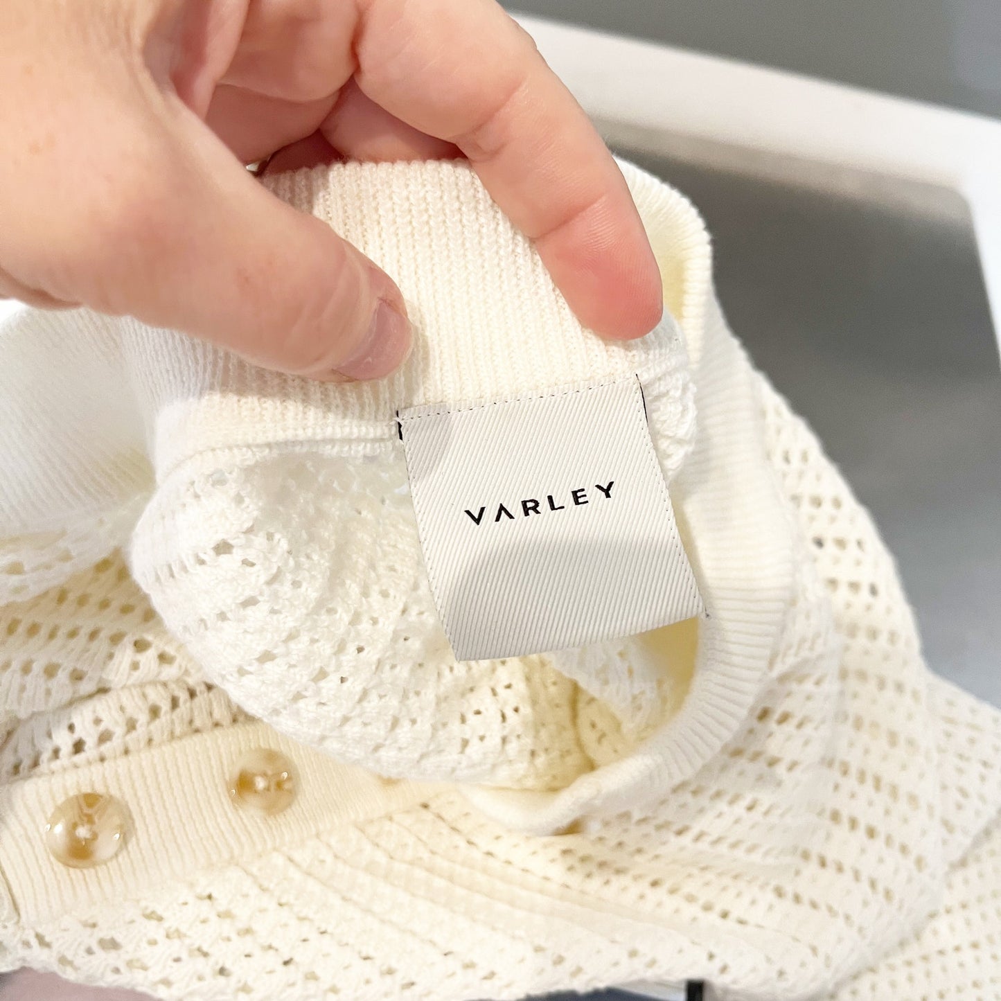 Varley Callie Knit Short Sleeve Sweater Top Cream Egret Small