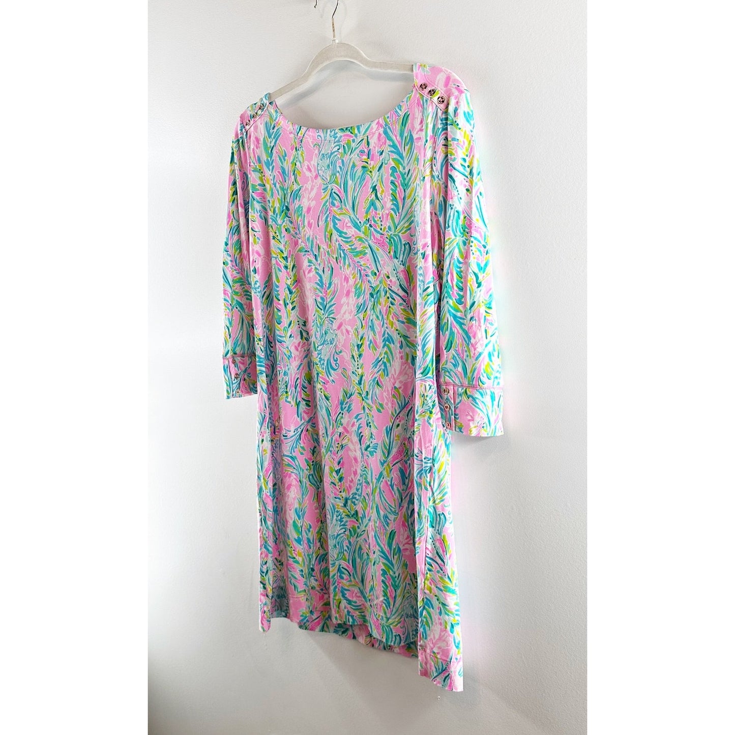 Lilly Pulitzer Sophie 50 UPF 3/4 Sleeve Shift Jersey Mini Dress Blue Pink XL