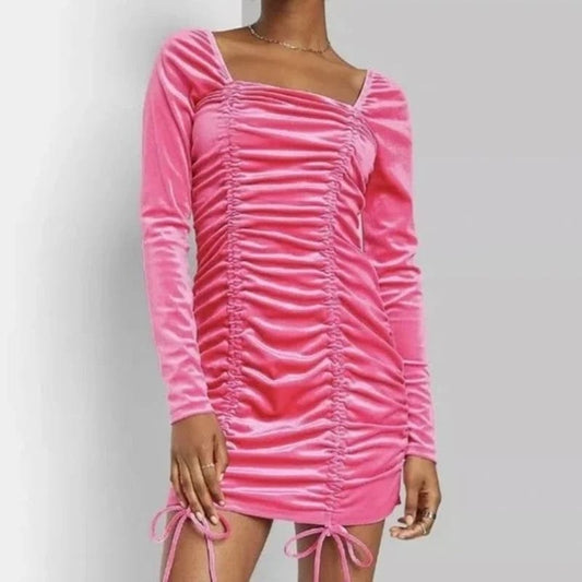 Wild Fable Long Sleeve Velvet Square Neck Ruched Mini Dress Pink Large