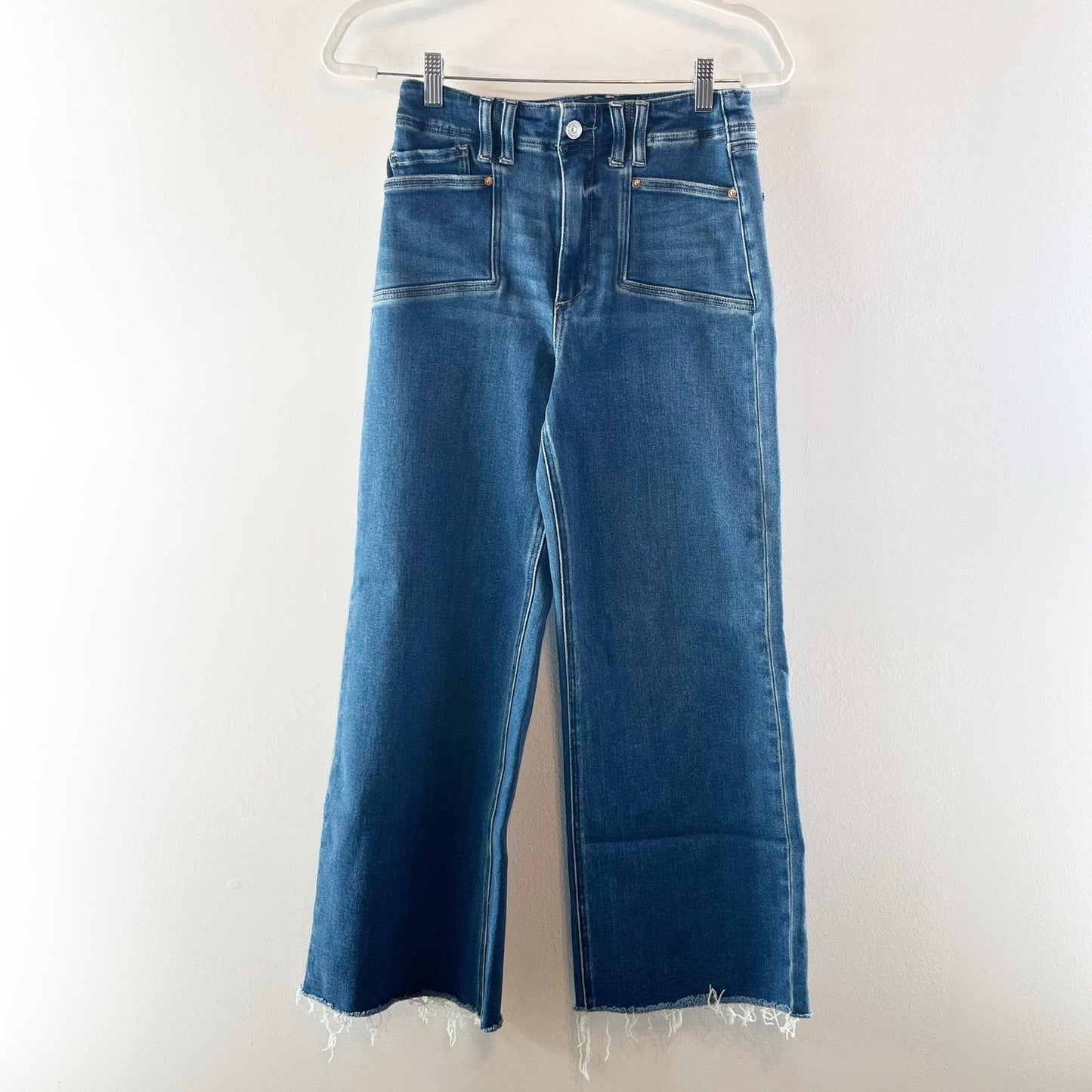 Paige Anessa High Rise Wide Leg Jeans Set in Pockets Raw Hem Amoroso Blue 26