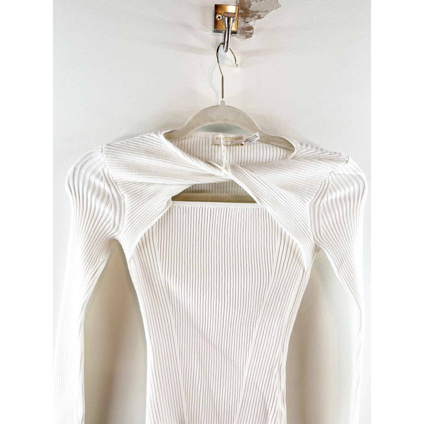 Ramy Brook Twist Detail Cut Out Long Sleeve Fitted Knit Sweater White XXS