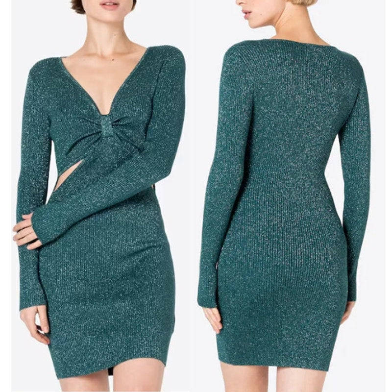 Abercrombie & Fitch Long Sleeve Cut-Out Knot Front Bodycon Mini Dress Teal Small