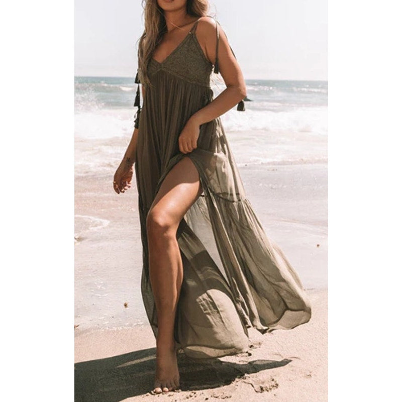 Lovestitch Beach Bliss Lace Trim Boho Cover Up Maxi Sundress Moss Green Medium