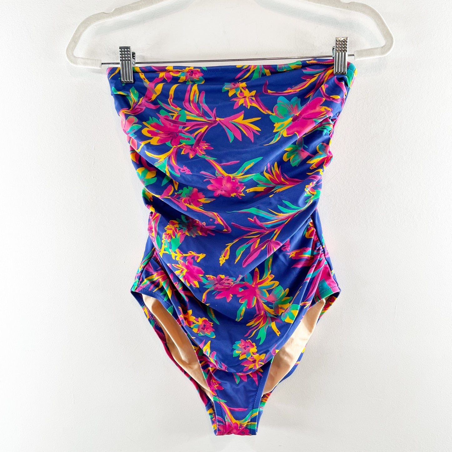 J. Crew Floral Printed Strapless One Piece Swimsuit Blue Small