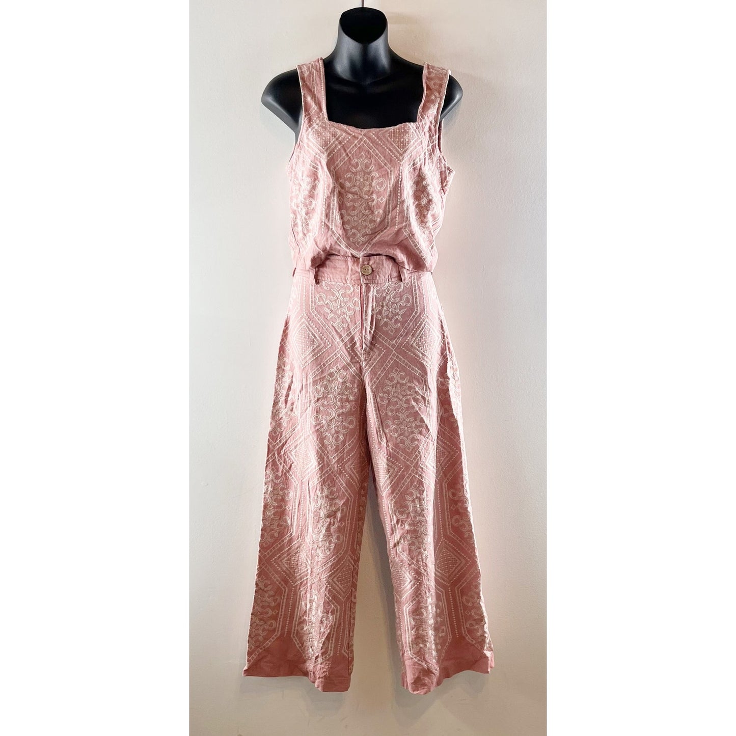 Joie Embroidered Linen Blend Crop Tank Top & Wide Leg Pants Dusty Pink 2 / Small