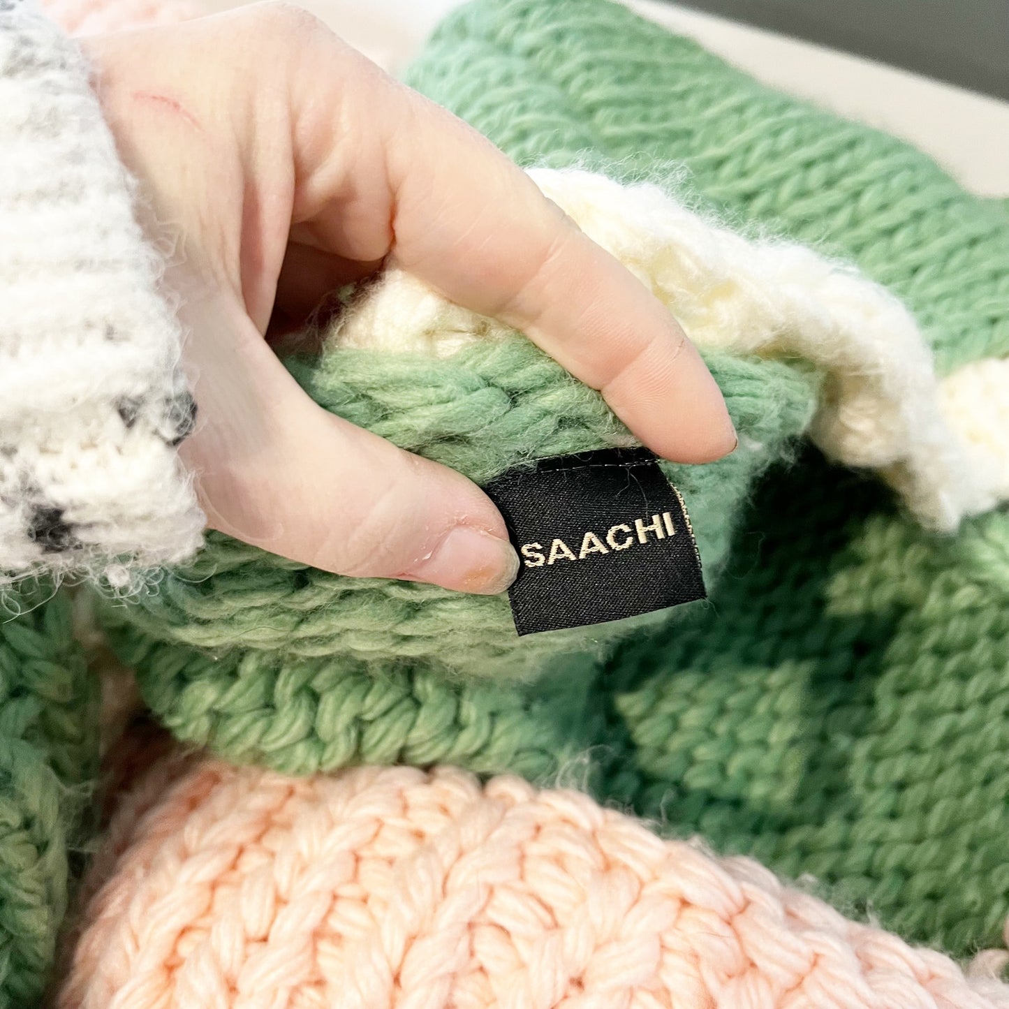 Saachi Anthropologie Hand Knit Chunky Cardigan Colorblock Sweater Green Pink O/S