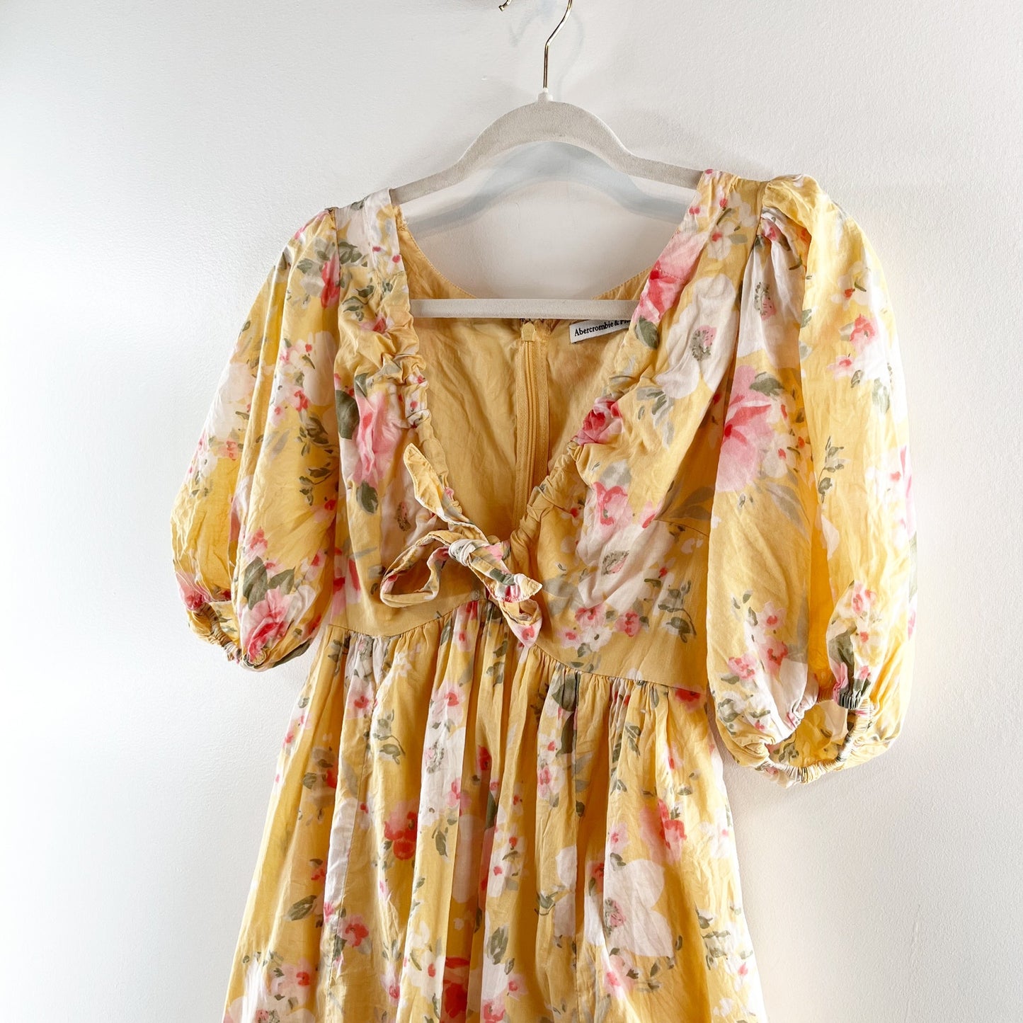 Abercrombie & Fitch Puff Short Sleeve Floral Tie Front Mini Dress Yellow XS