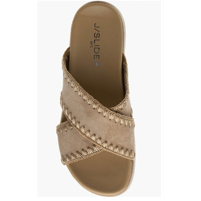 JSlides Boo Platform Whipstitch Crossover Platform Slide Sandals Shoes Sand Tan