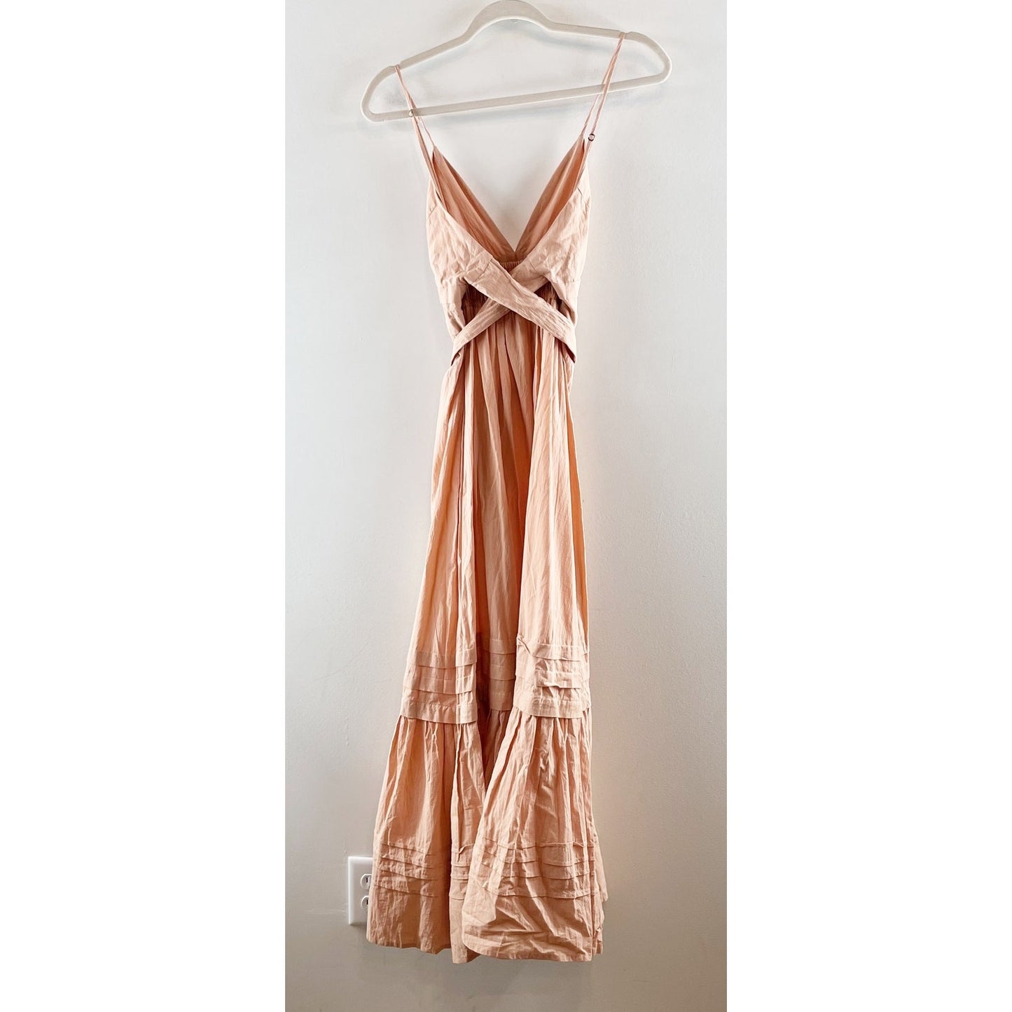 Pampelone Chloe V Neck Tiered Belted Cotton Maxi Dress Blush XS