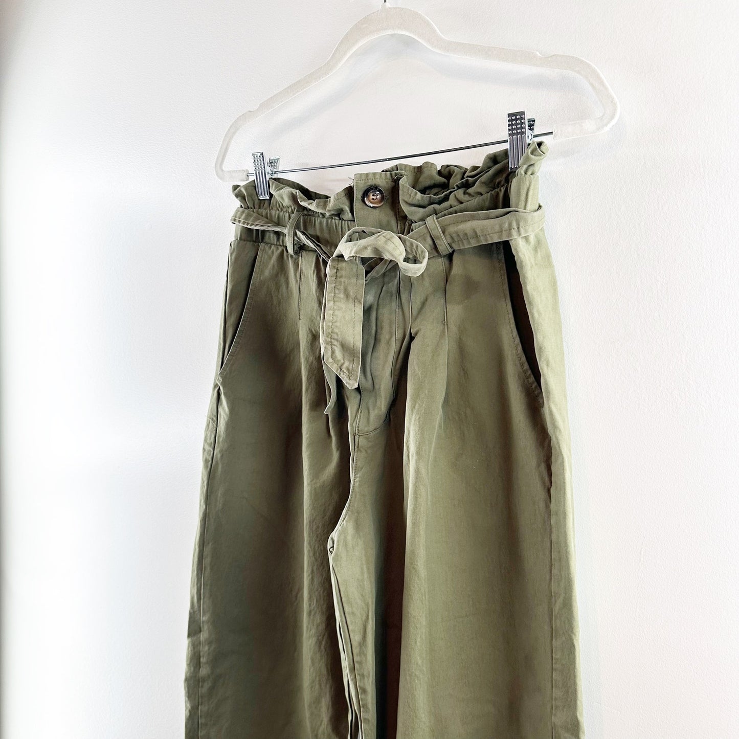 7 For All Mankind High Rise Paperbag Tapered Pants Olive Green Small