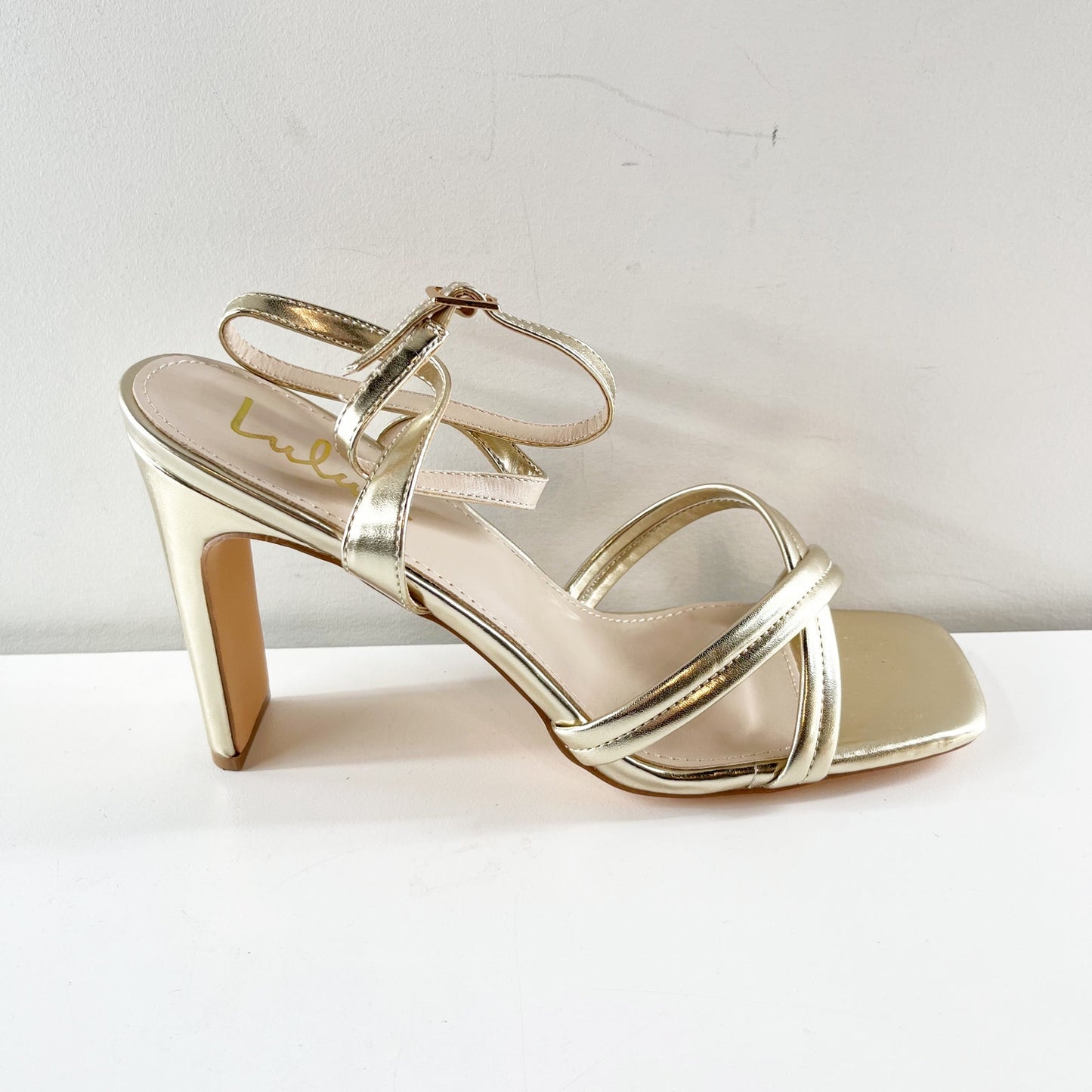 Lulus Milanii Square Toe Ankle Strap High Heel Sandals Metallic Gold 10