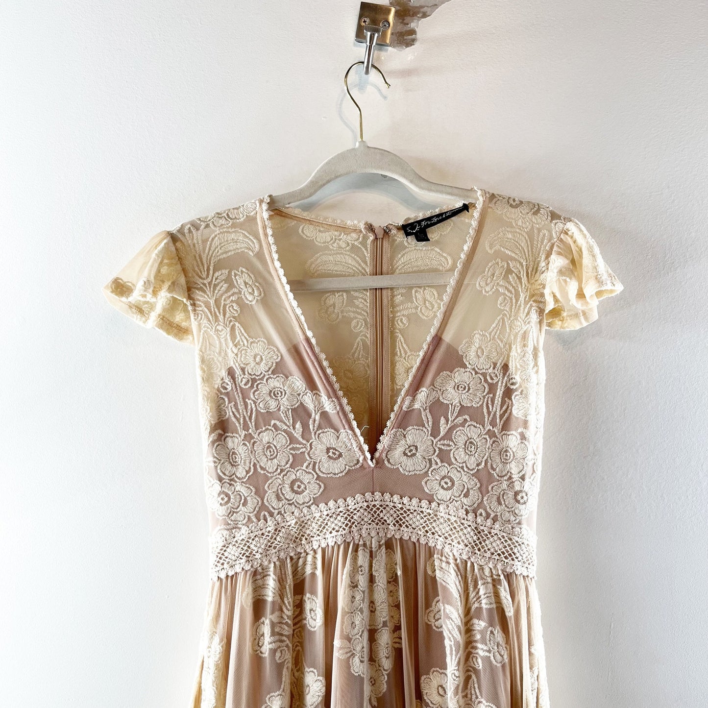 For Love & Lemons Violetta Embroidered Mesh Lace Maxi Dress Nude Ivory White L
