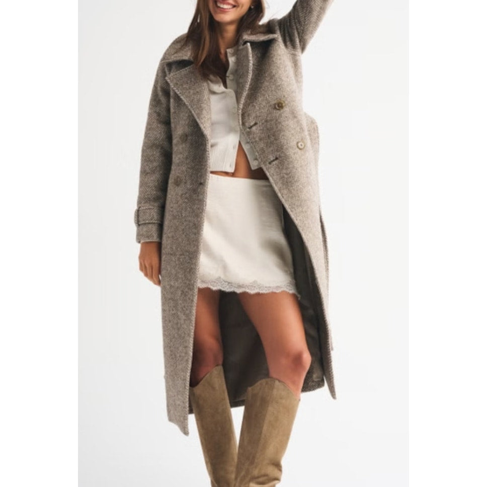 Abercrombie Carrie Wool Blend Belted Trench Coat Brown Herringbone Small