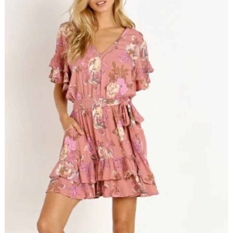 Spell and The Gypsy Rosa Play Short Sleeve Floral Belted Mini Dress Blush Pink S