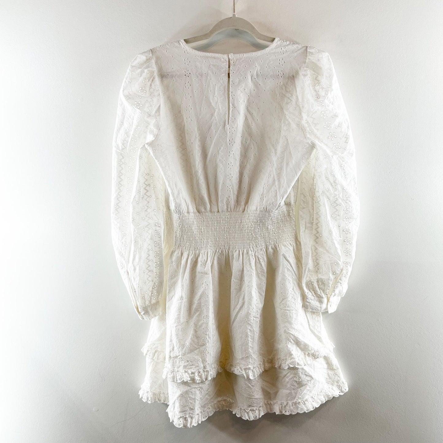 Splendid X Cellajaneblog Long Sleeve Eyelet Smocked Mini Dress White Medium
