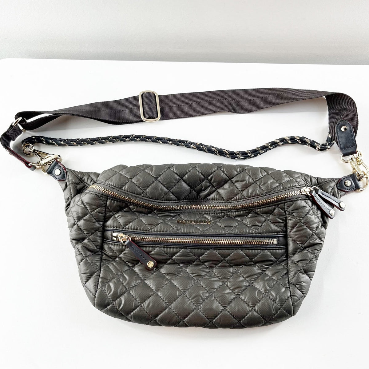 MZ Wallace Small Quilted Leather Crosby Crossbody Sling Bag Gray