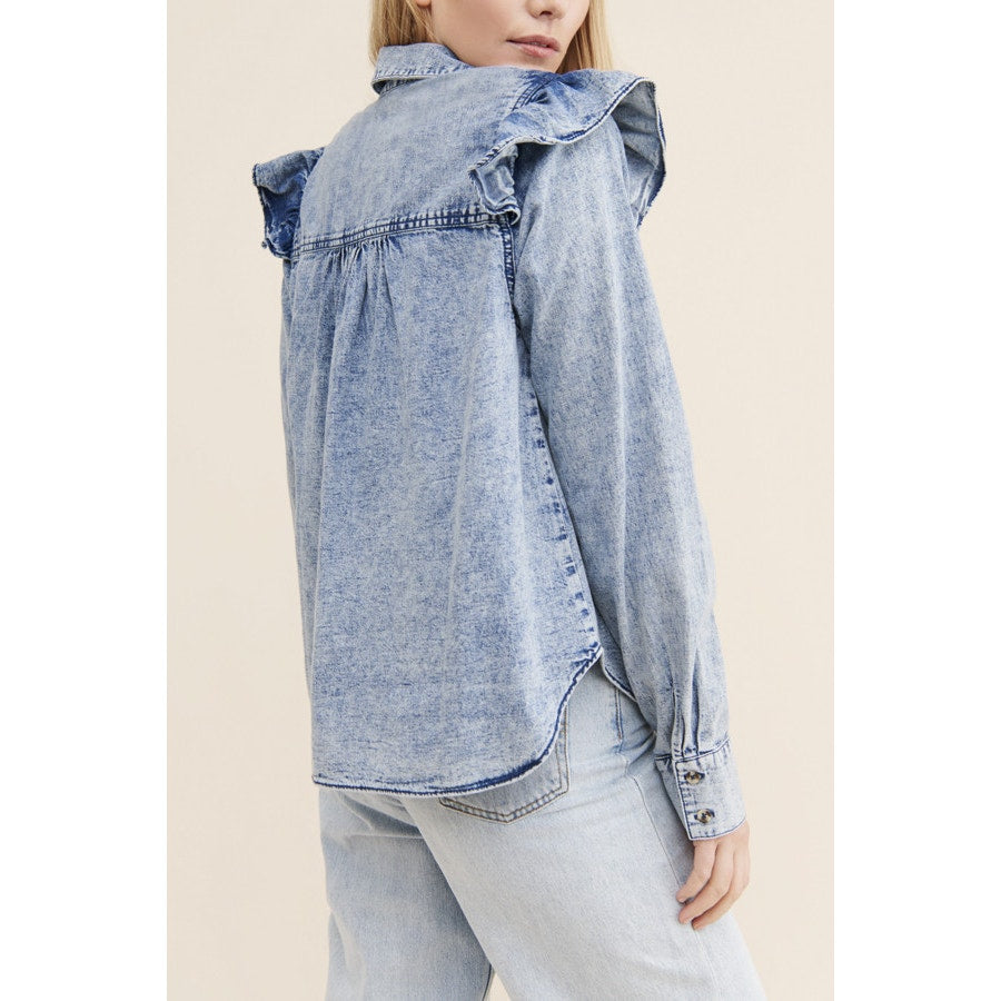 Free People Samantha Long Sleeve Ruffle Button Down Denim Shirt Blue XS