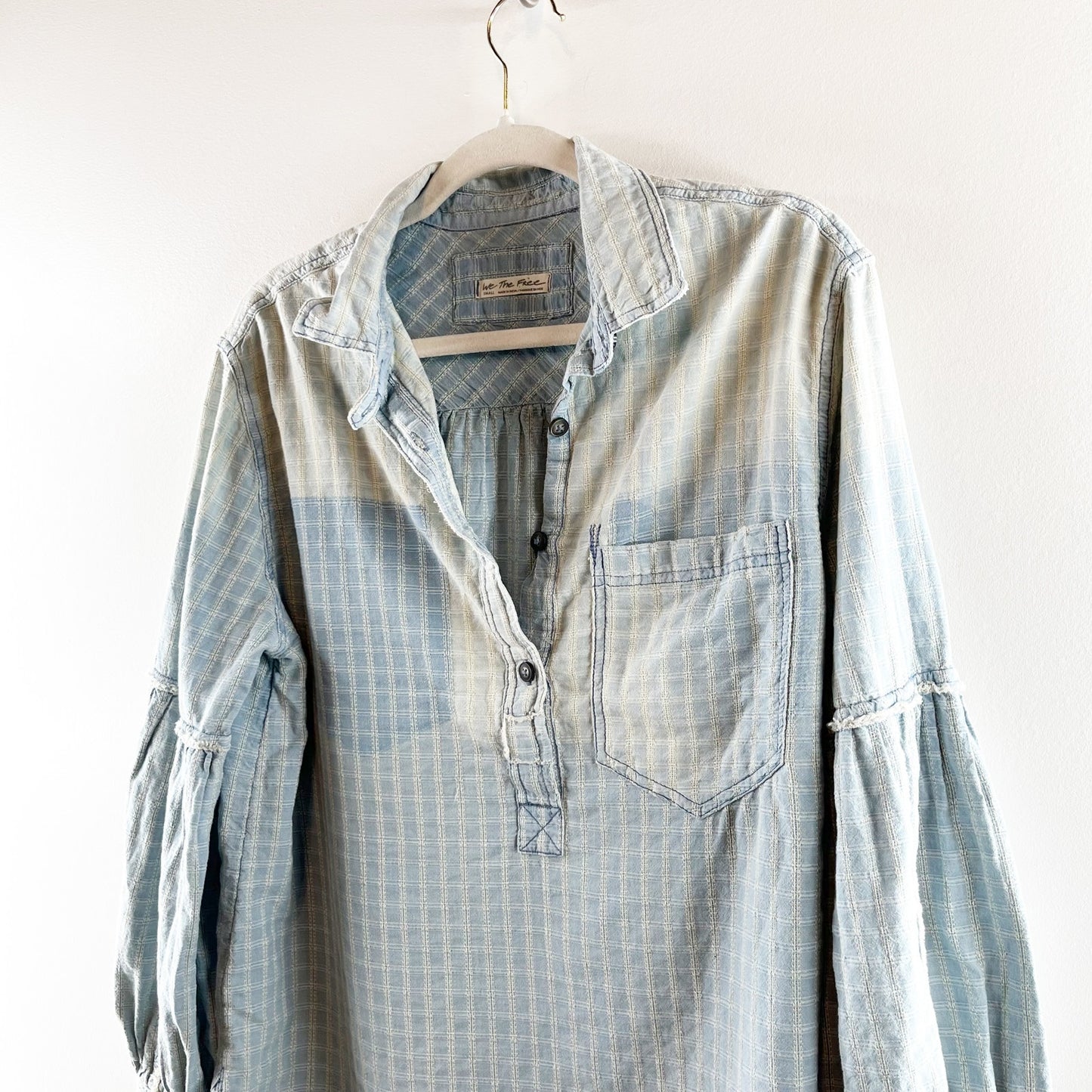 Free People Glacier Bay Denim Check Buttondown Shirt Blue Small