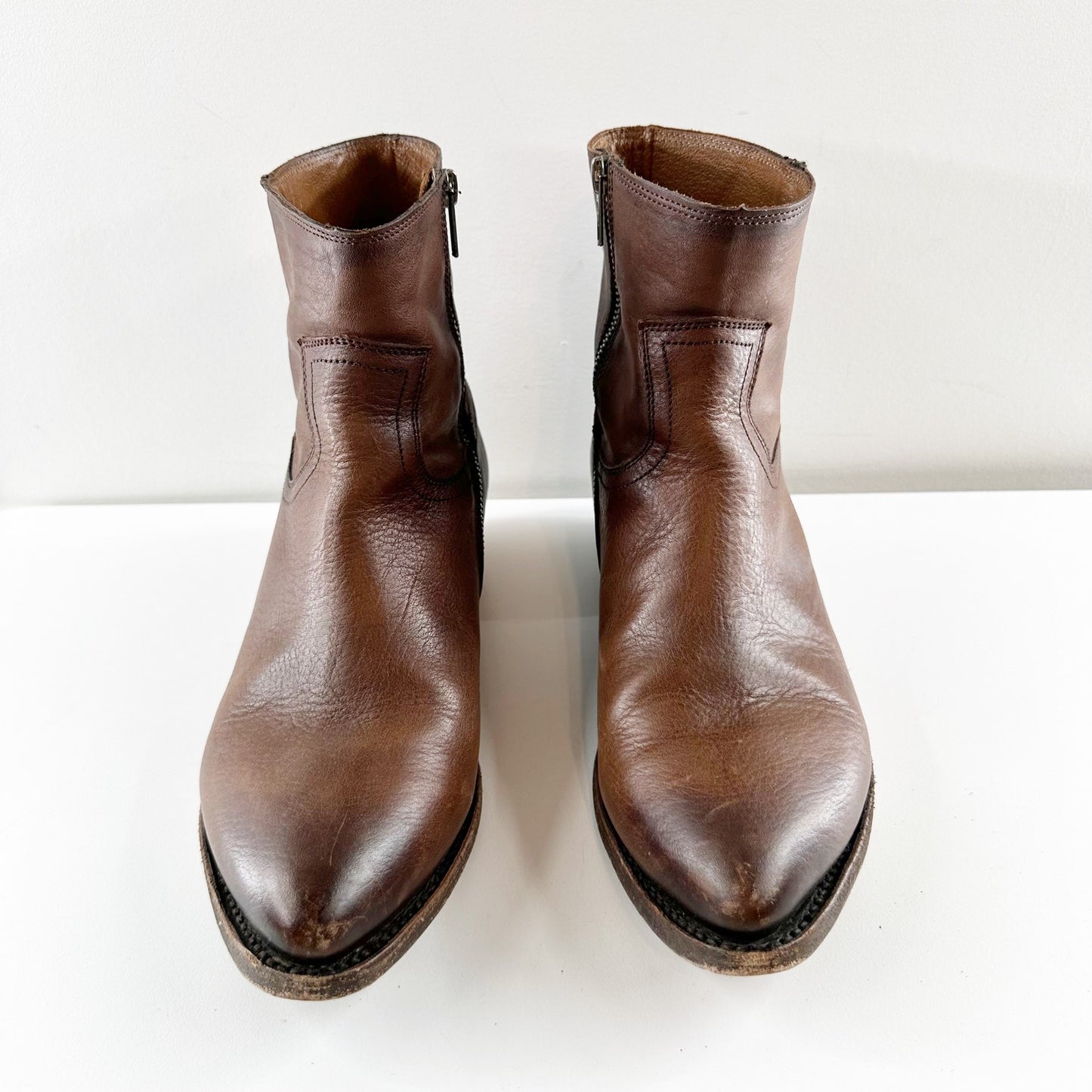 Frye Billy Leather Inside Zip Block Heel Western Cowboy Ankle Boots Brown 11