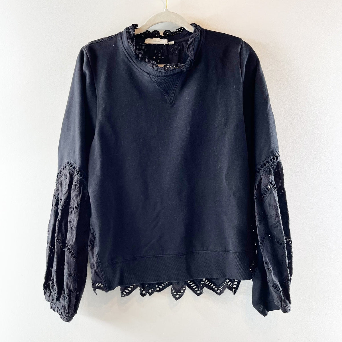 Forever that Girl Cotton Long Sleeve Lace Eyelet Lace Sweatshirt Black XL