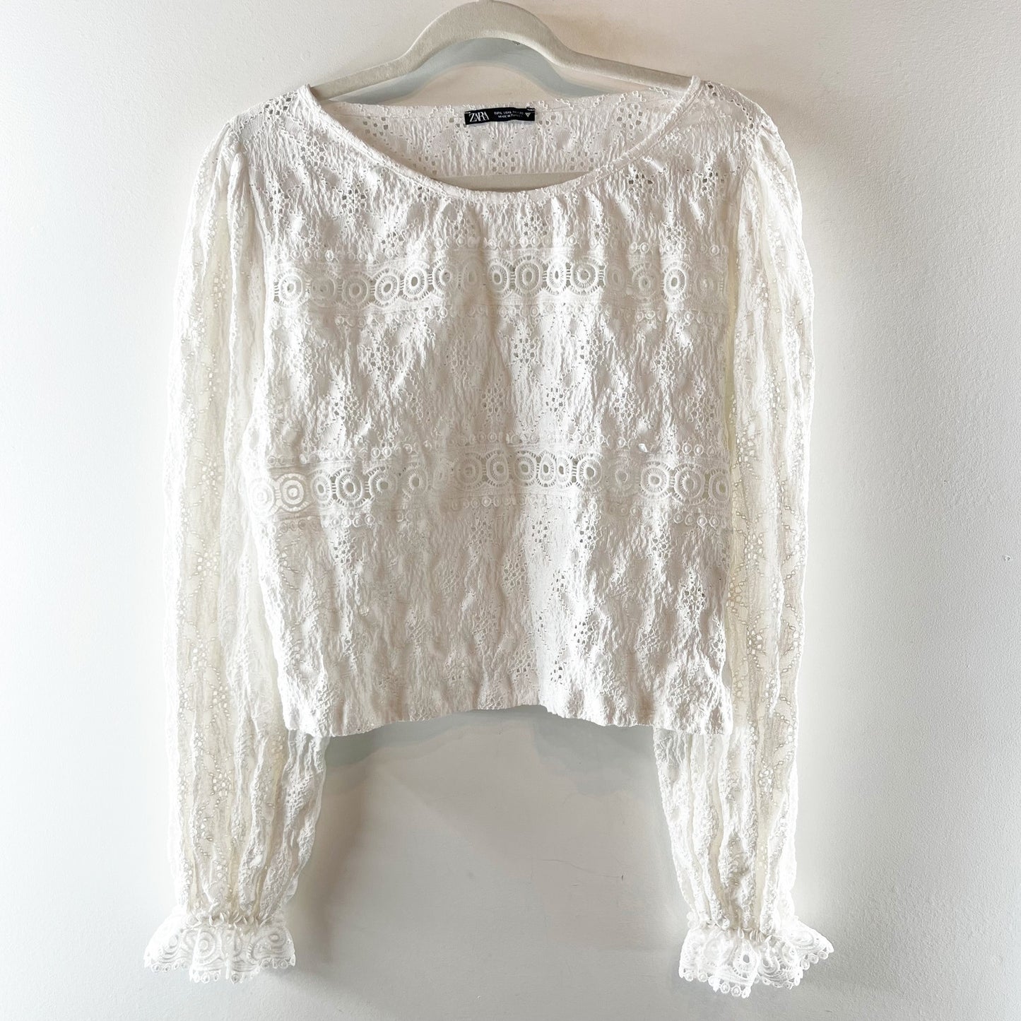 ZARA Long Sleeve Lace Pointelle Balloon Sleeve Blouse White Large