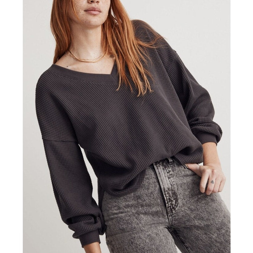 Madewell Waffle Knit V-Neck Long-Sleeve Pullover Sweater Coal Black XL