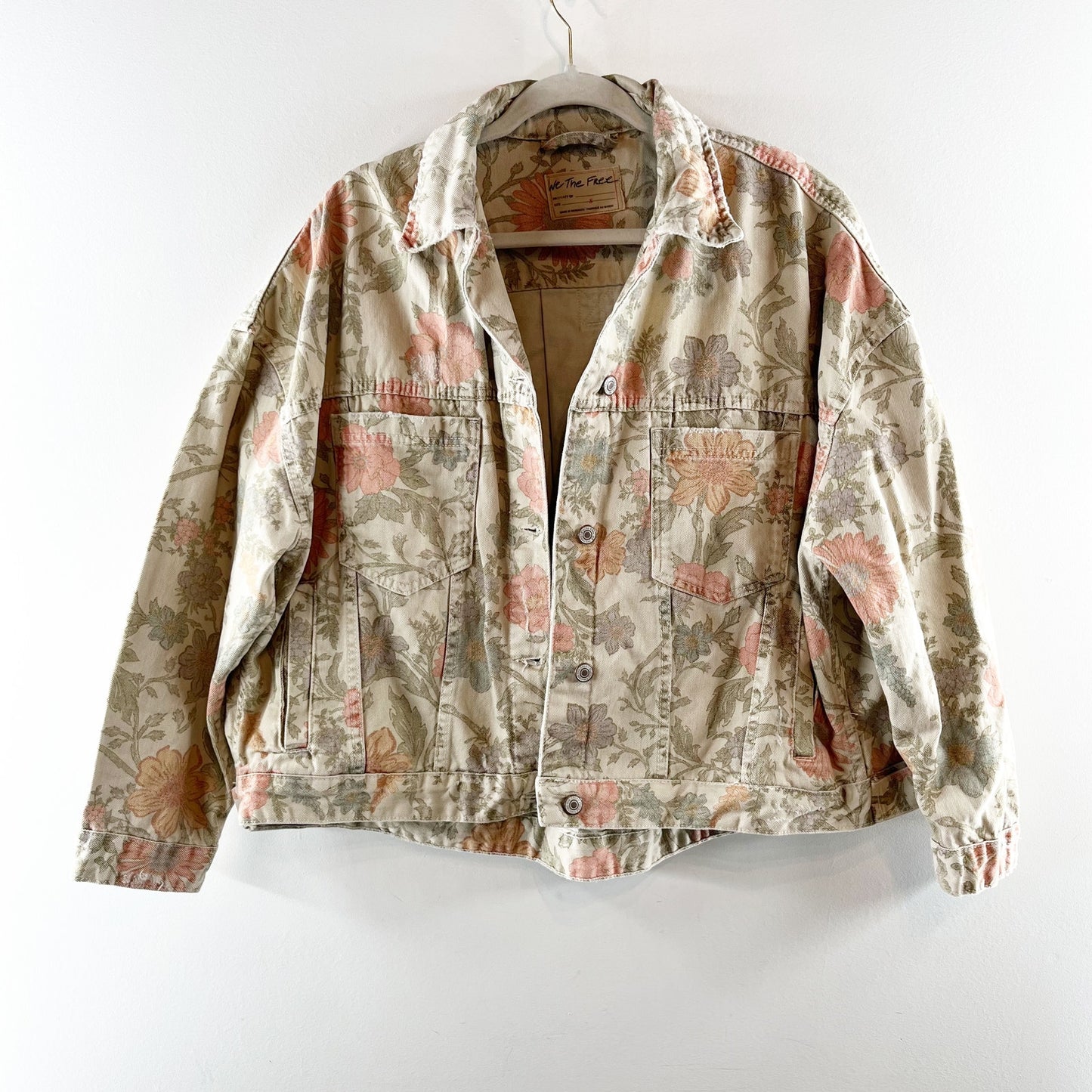 Free People Opal Floral Denim Trucker Jean Jacket Tan Beige Pink Small