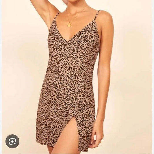Reformation Marlowe Leopard Print Mini Slip Dress Brown Black XS