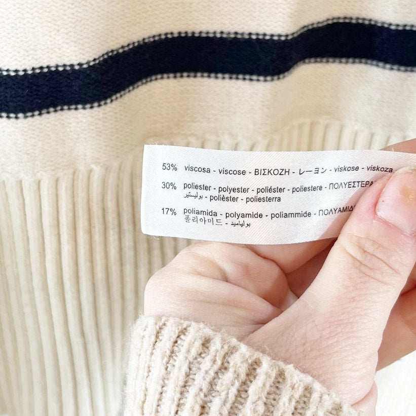 Zara Striped Long Sleeve V-Neck Button Front Cardigan Sweater Cream Navy Small