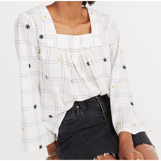 Madewell Embroidered Windowpane Square-Neck Button-Down Top Shirt White Wash M