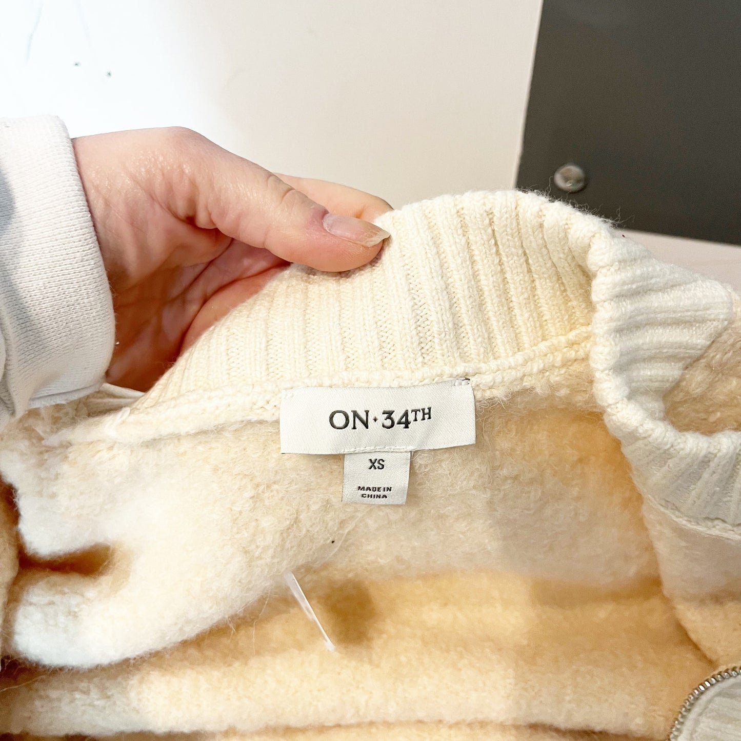 On 34th Boucle Double Zip Up Long Sleeve Cozy Bomber Jacket Cream Ivory XS