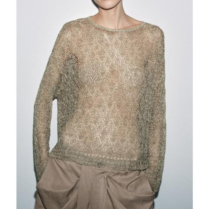 Zara Metallic Thread Long Sleeve Pointelle Knit Jumper Sweater Gold Small