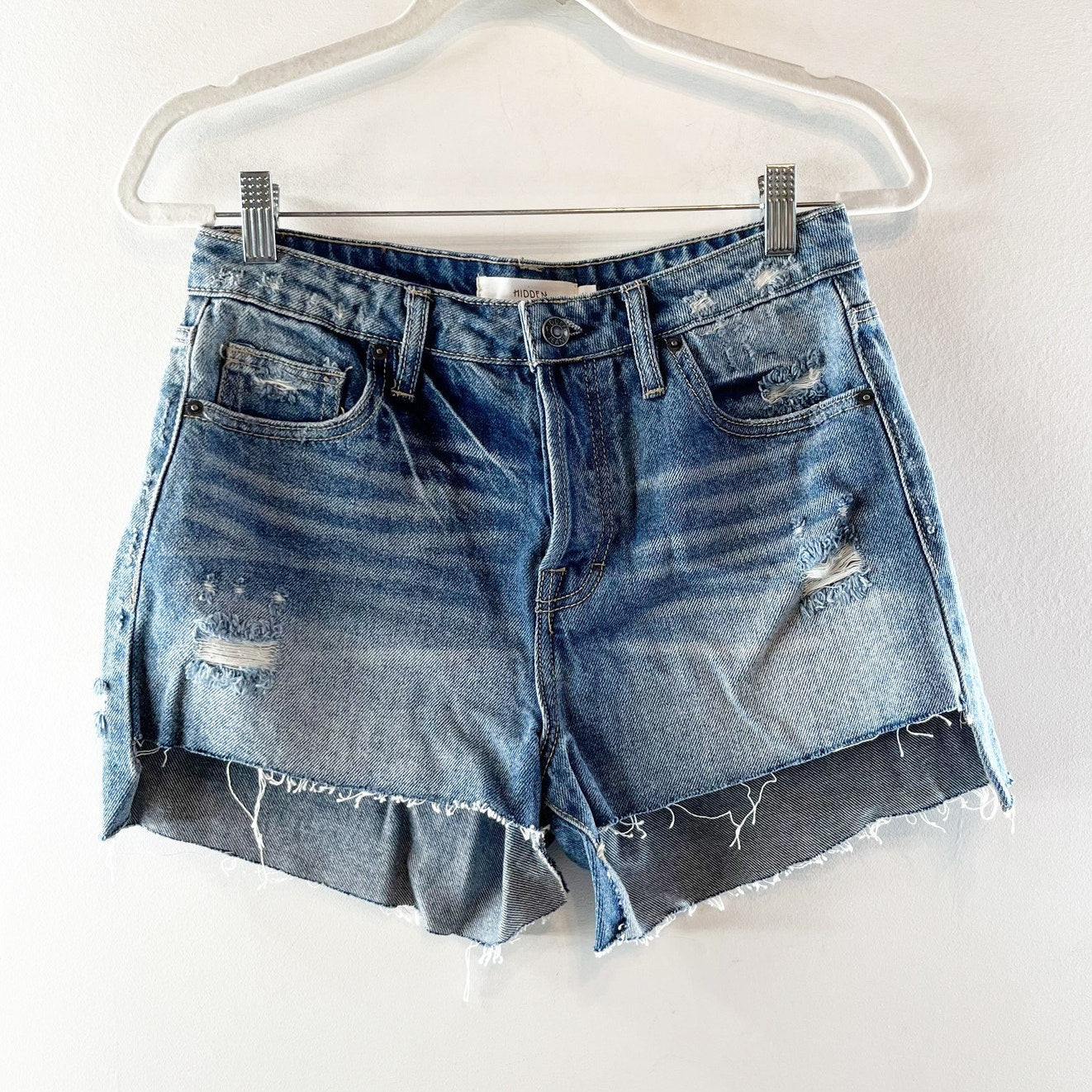 Hidden Cotton High Waisted Hi-Low Hem Distressed Denim Jean Short Blue Medium