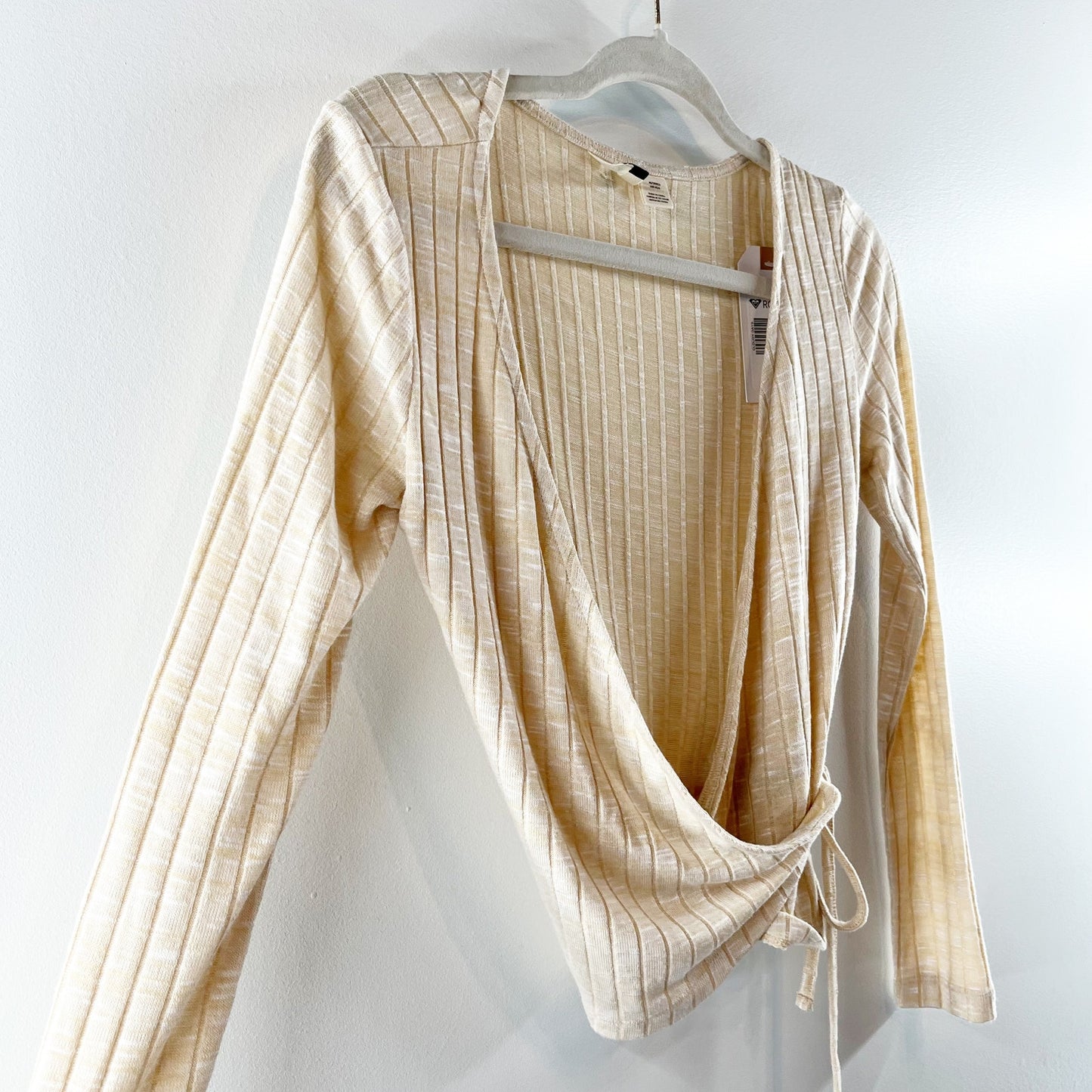 Roxy V Neck Cloudy Days Ribbed Wrap Crop Long Sleeve Top Beige XS