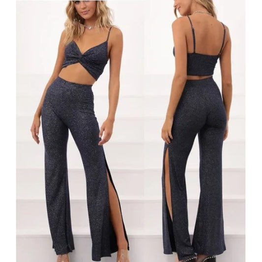 Lucy in the Sky Shimmer Crop Tank Top and Flare Leg Pants Set Blue Shimmer XS