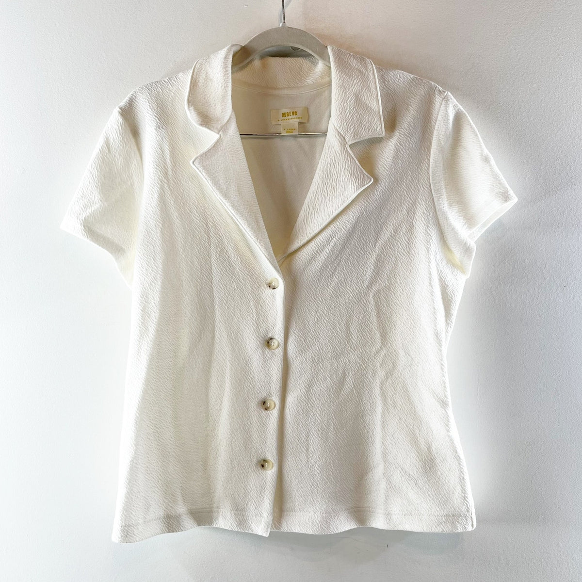 Maeve Anthropologie Short Sleeve Textured Notch Collar Shirt Top White XL