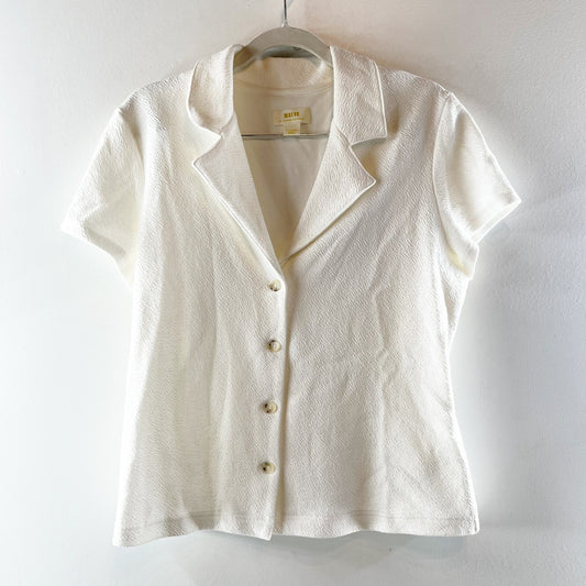 Maeve Anthropologie Short Sleeve Textured Notch Collar Shirt Top White XL