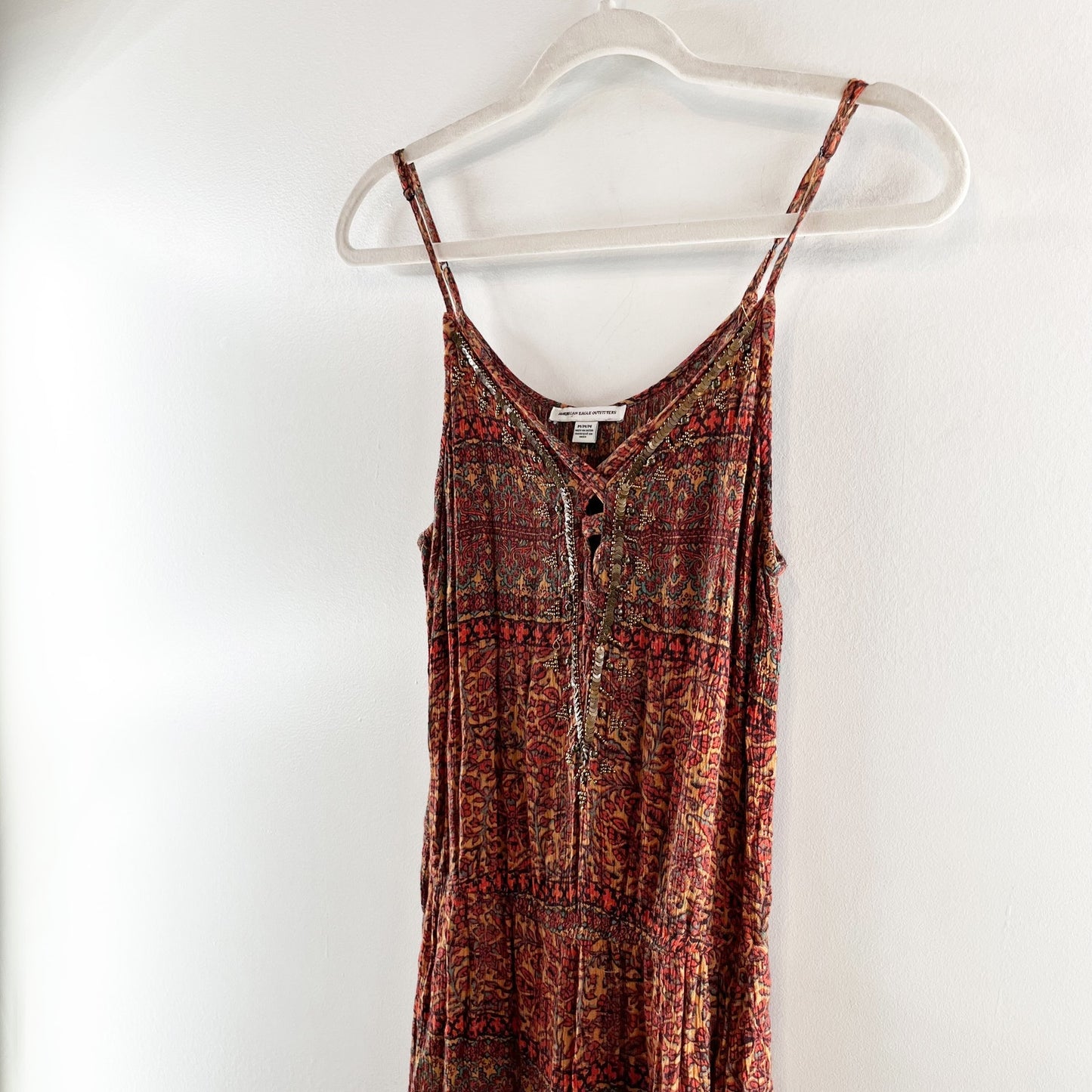 American Eagle Wide Leg Boho Print One Piece Sleeveless Jumpsuit Red Orange M
