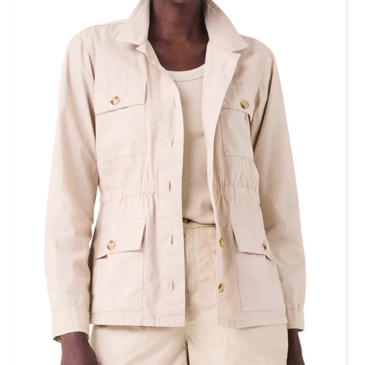 Nic + Zoe Long Sleeve Button Up Cinch Waist Cotton Poplin Jacket Khaki Tan Small