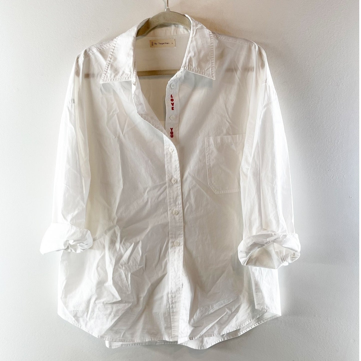 By Together Embroidered "Love You" Button Down Shirt White Small