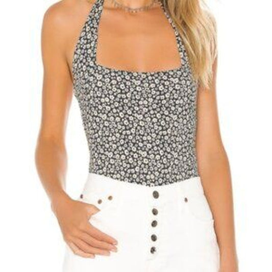 Free People Talk Back Square Neck Floral Halter Bodysuit Tank Top Black Medium