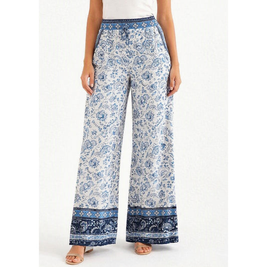 Loft Fluid Paisley Floral High Waisted Wide Leg Satin Pants White Blue XL