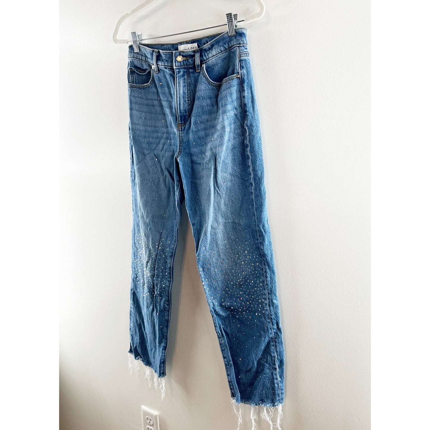 LOFT High Rise Straight Leg Raw Frayed Hem Rhinestone Jeans Blue 2 / 26